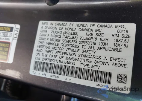 2019 Honda Cr-V Ex-L из США, поврежденный, VIN 2HKRW2H81KH644494